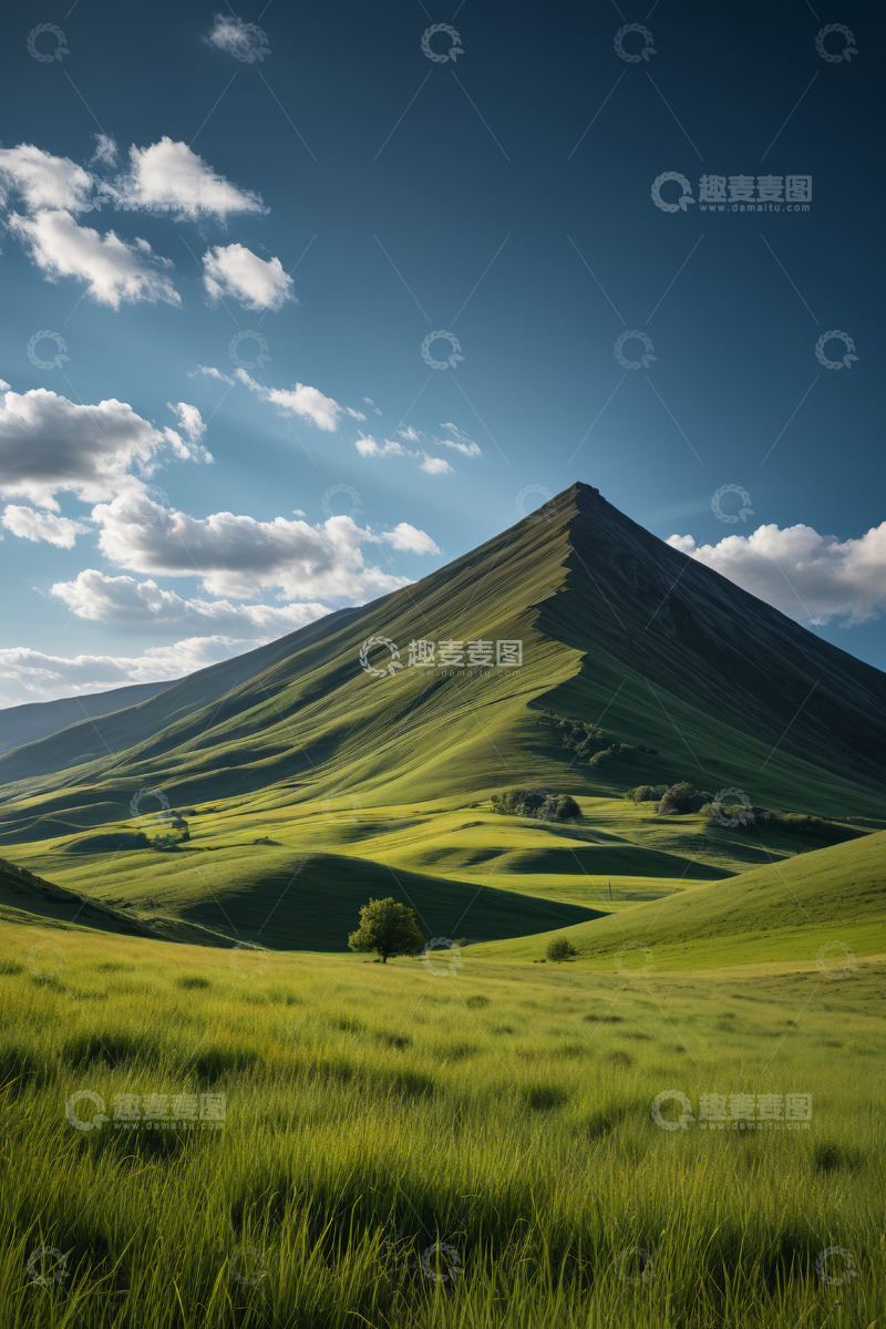 高清大图下载【趣麦麦图】蓝天白云下的绿色山丘风景