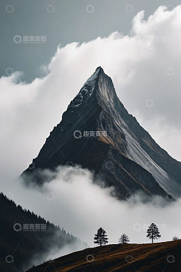 云雾缭绕中的巍峨山峰