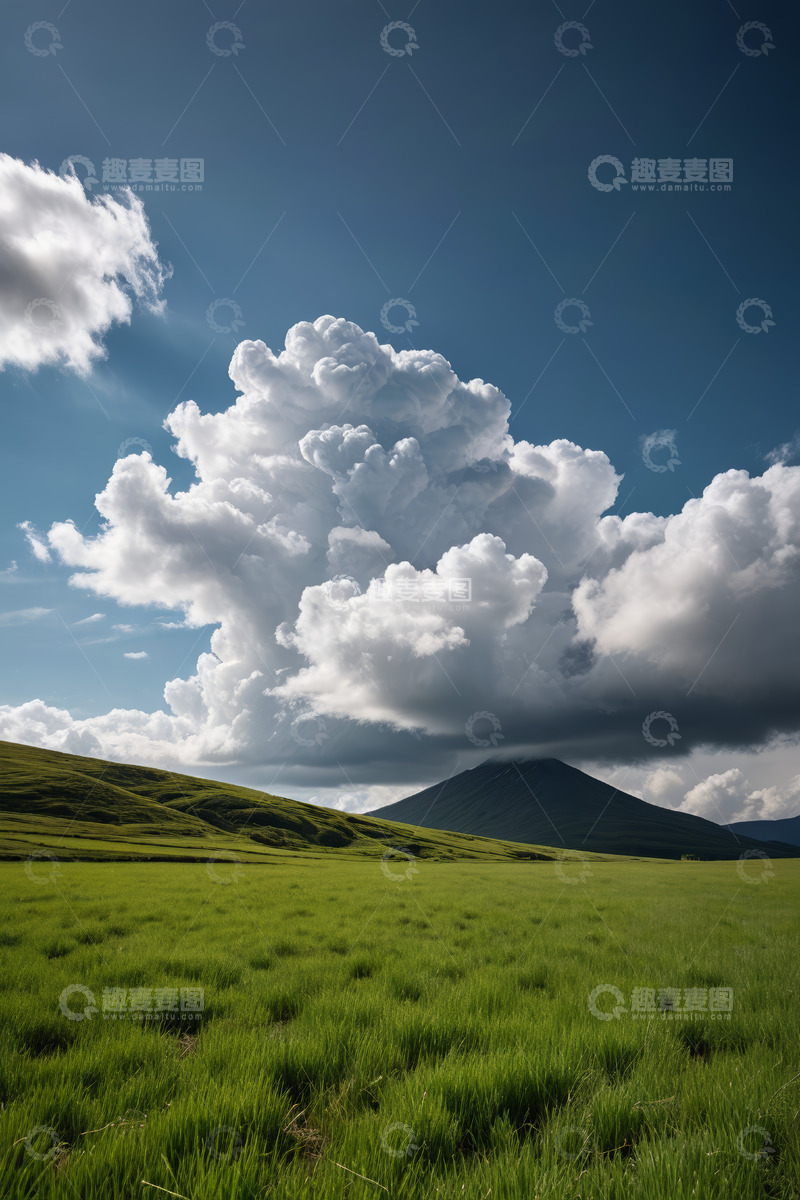 高清大图下载【趣麦麦图】草原上的蓝天白云与远山景观