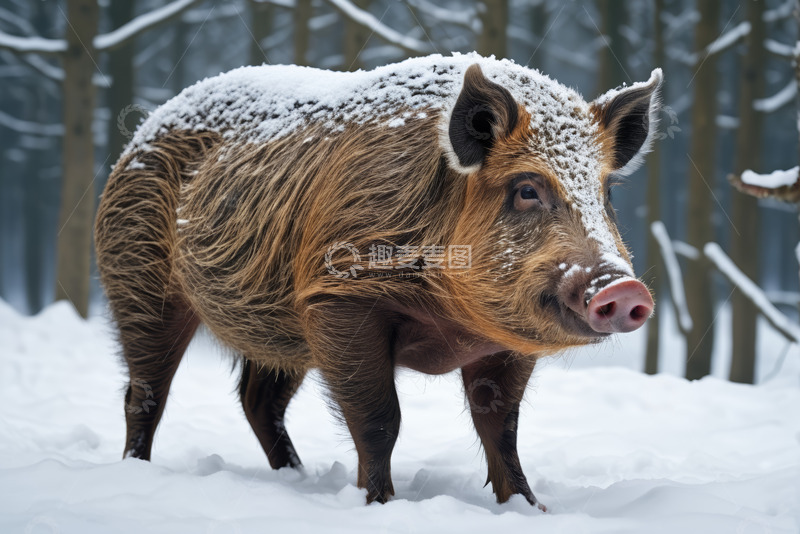 高清大图下载【趣麦麦图】雪地中站立的野猪