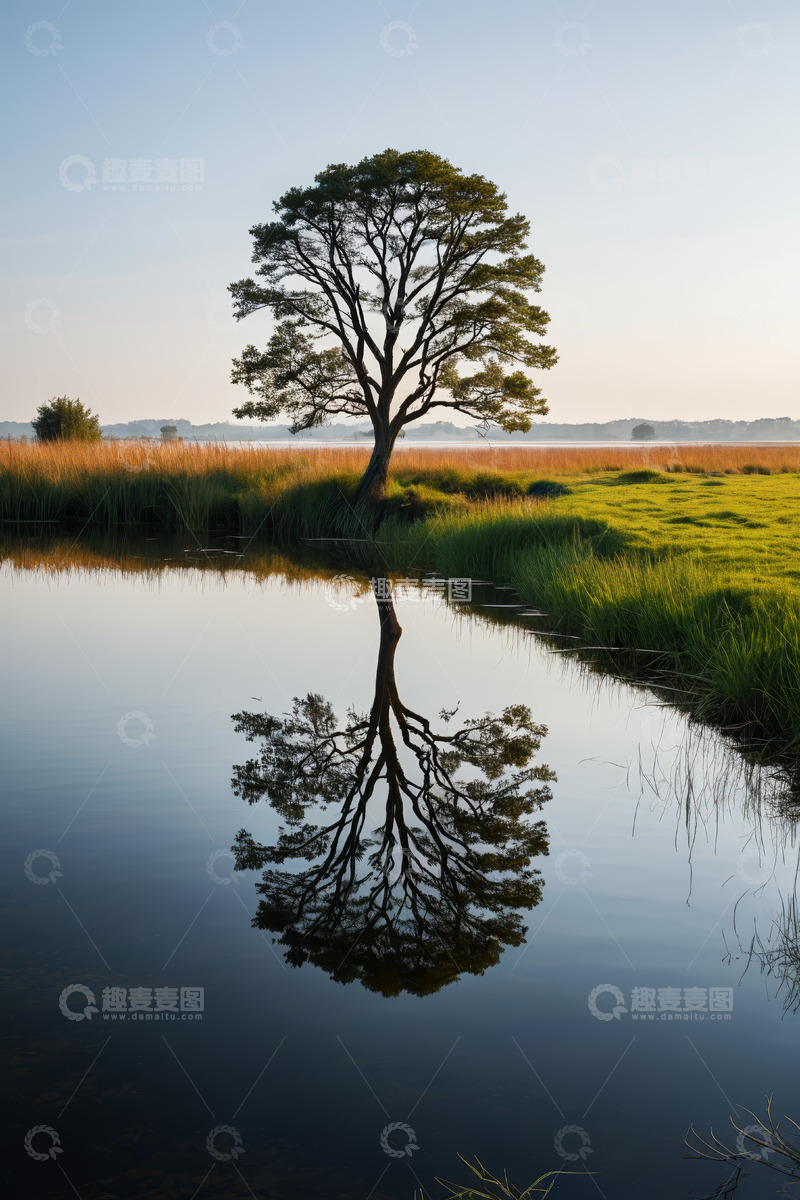 高清大图下载【趣麦麦图】湖边孤树与倒影自然风光