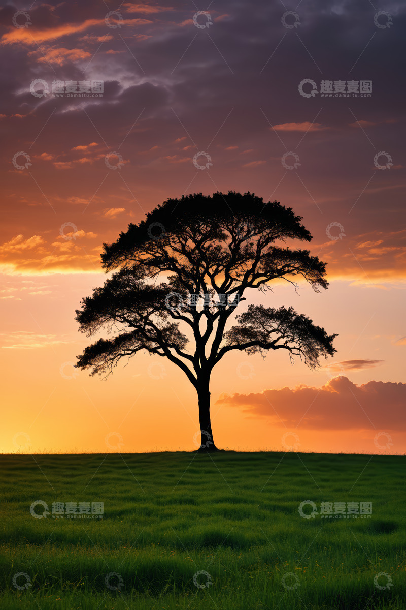高清大图下载【趣麦麦图】草原上单棵树日落景象