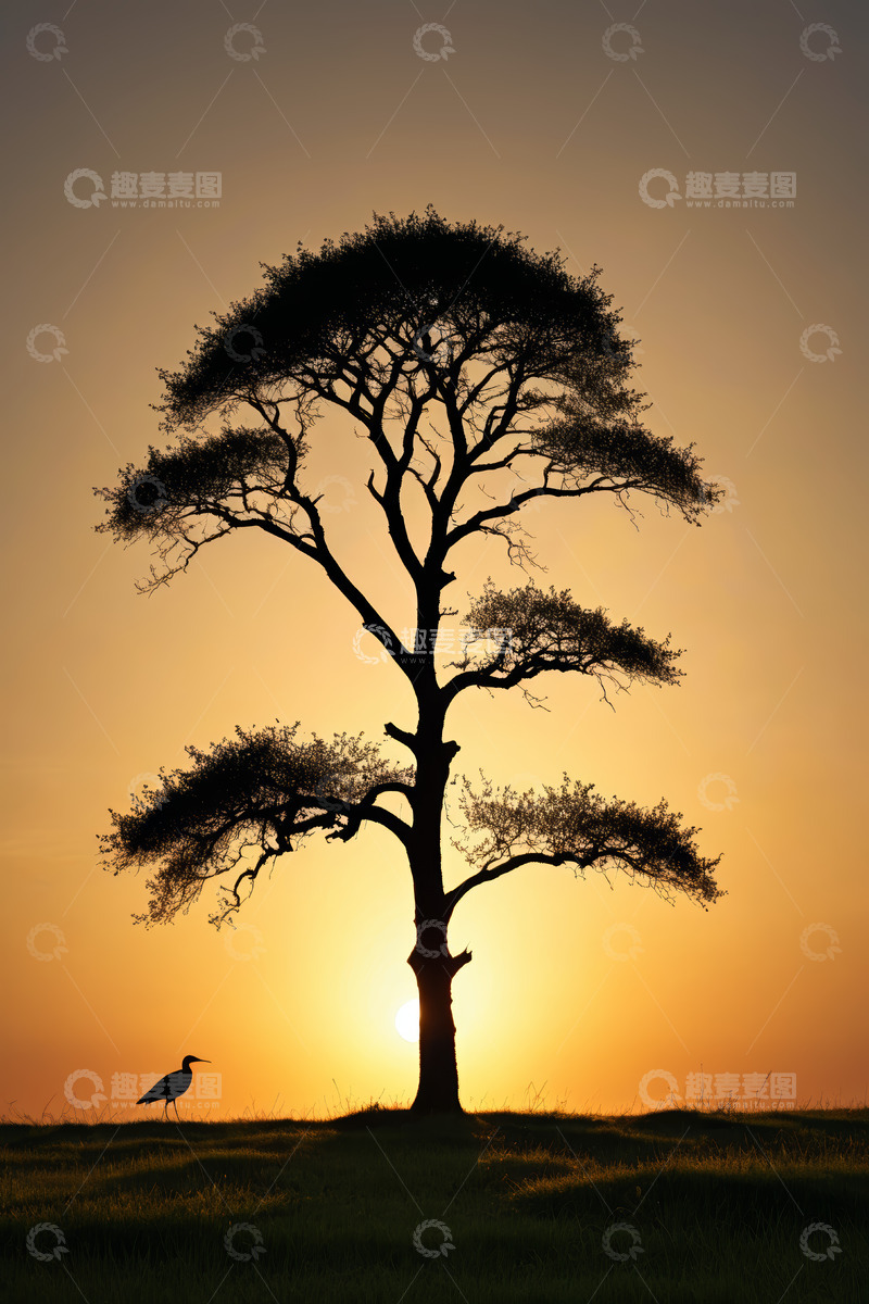 高清大图下载【趣麦麦图】夕阳下孤树与鸟的自然景象