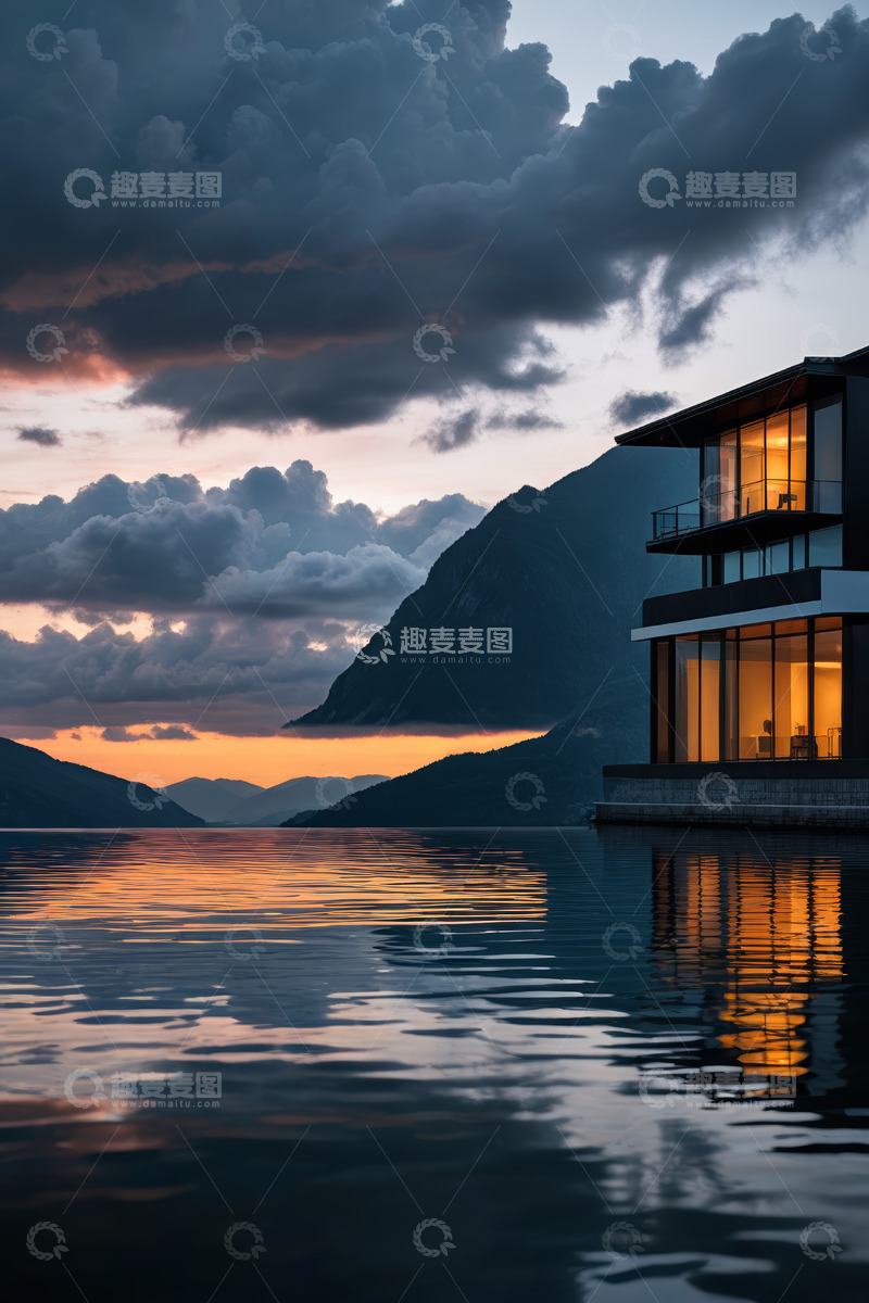 高清大图下载【趣麦麦图】湖畔现代建筑日落景观