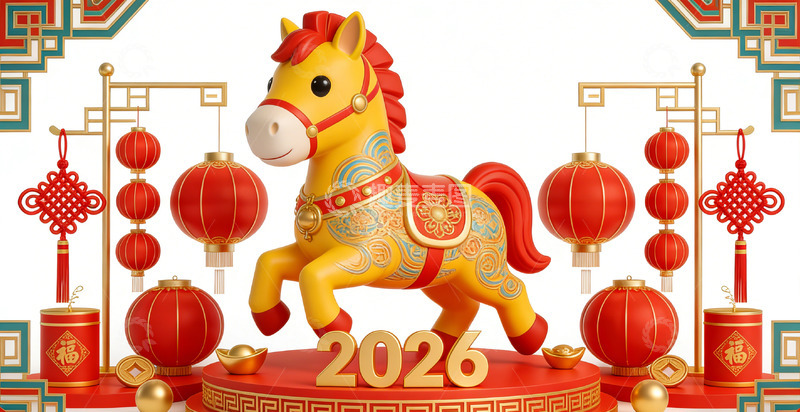 高清大图下载【趣麦麦图】喜庆2026年马年装饰插画