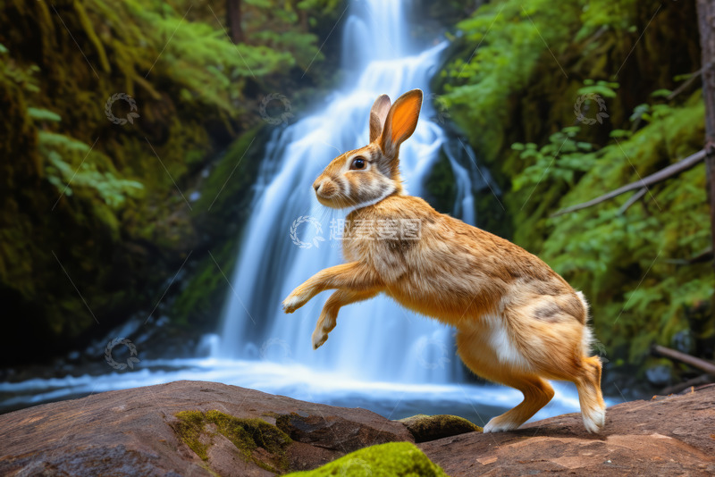 高清大图下载【趣麦麦图】瀑布前跳跃的兔子