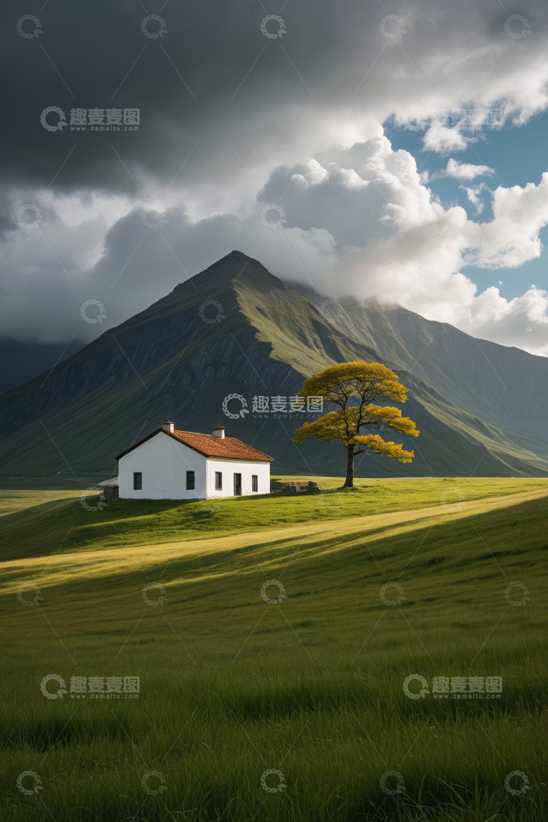 高清大图下载【趣麦麦图】山脚下草原上的小屋与孤树
