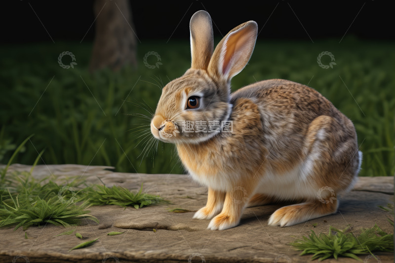 高清大图下载【趣麦麦图】蹲坐在木板上的兔子