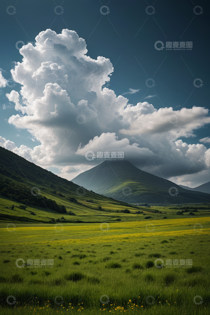 高清大图下载【趣麦麦图】山野间广阔草原与壮美云层