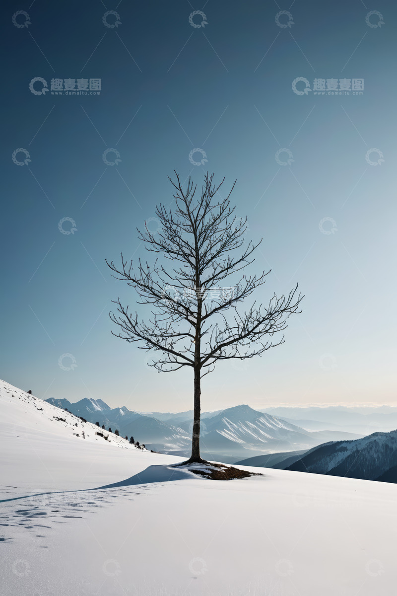 高清大图下载【趣麦麦图】雪山上的单棵枯树景观