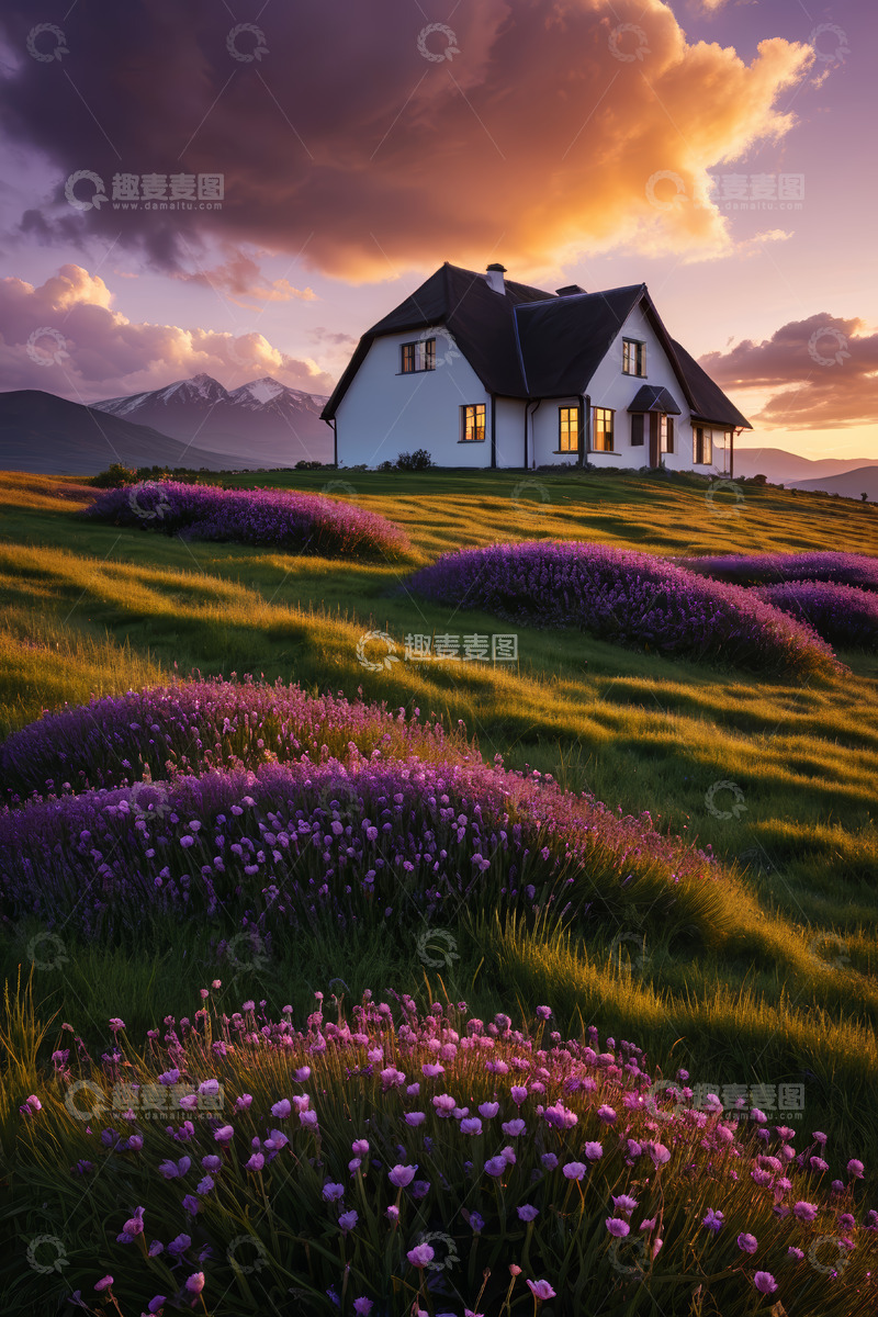 高清大图下载【趣麦麦图】田园小屋日落时分美景