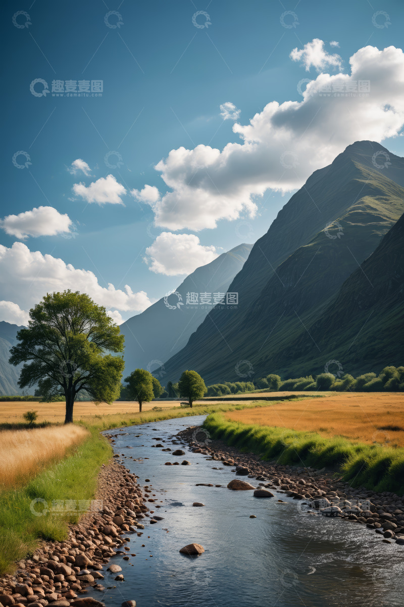 高清大图下载【趣麦麦图】山间河流与草地风景