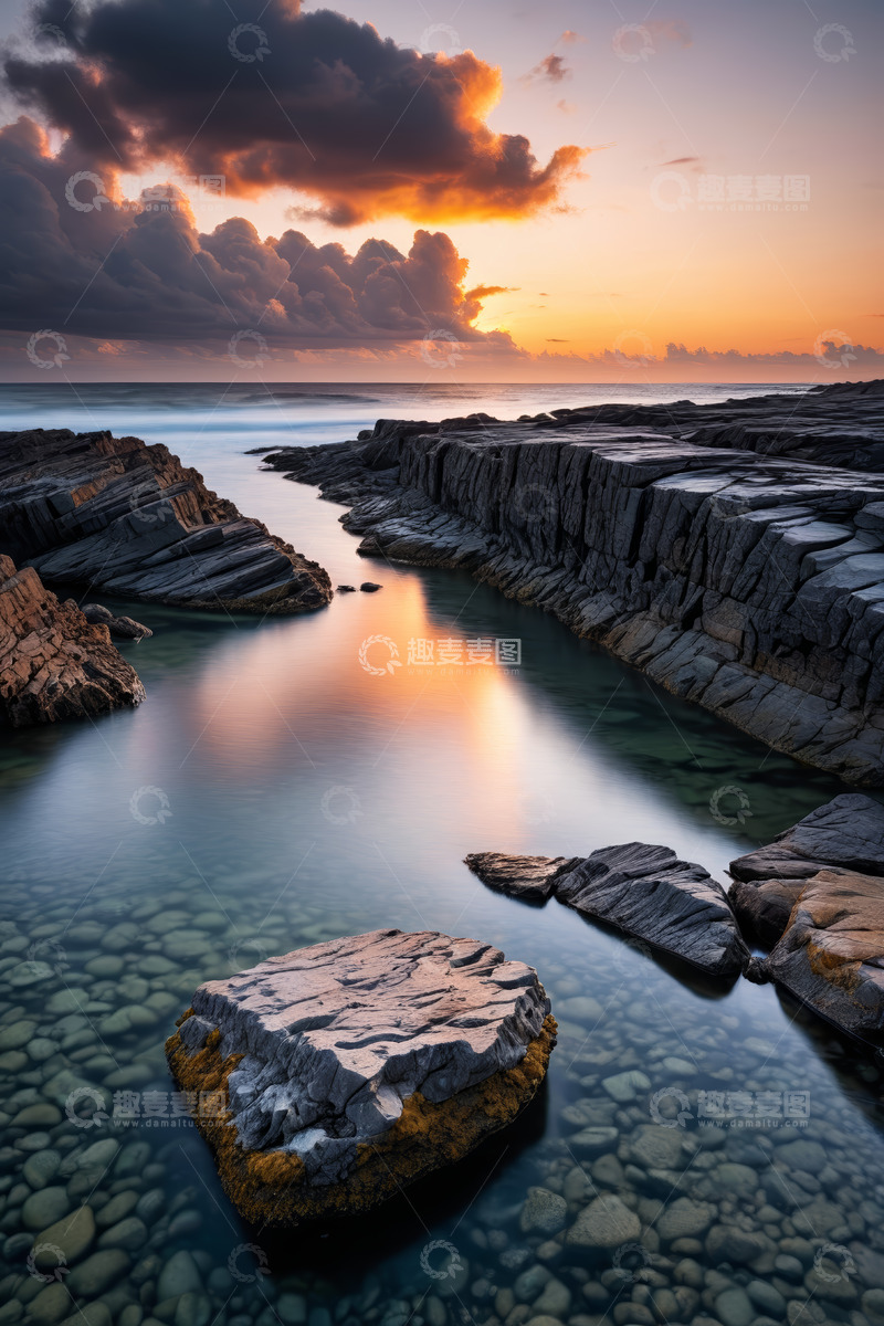 高清大图下载【趣麦麦图】海岸岩石与黄昏天空景象