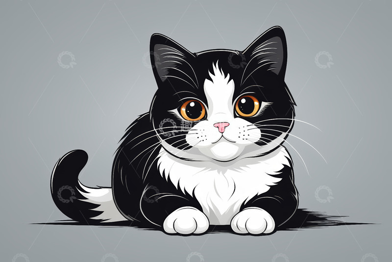 高清大图下载【趣麦麦图】黑白猫咪趴卧插画素材
