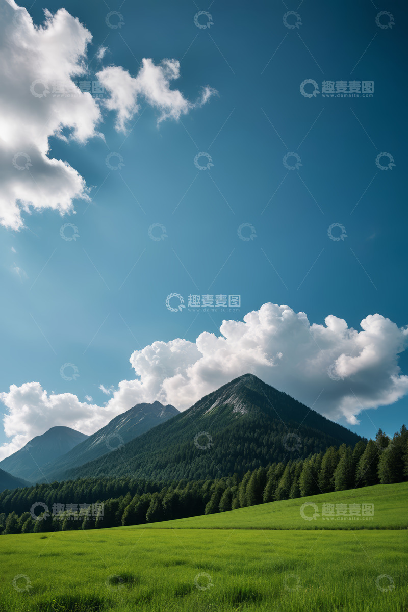 高清大图下载【趣麦麦图】蓝天白云下的青山绿草地景观