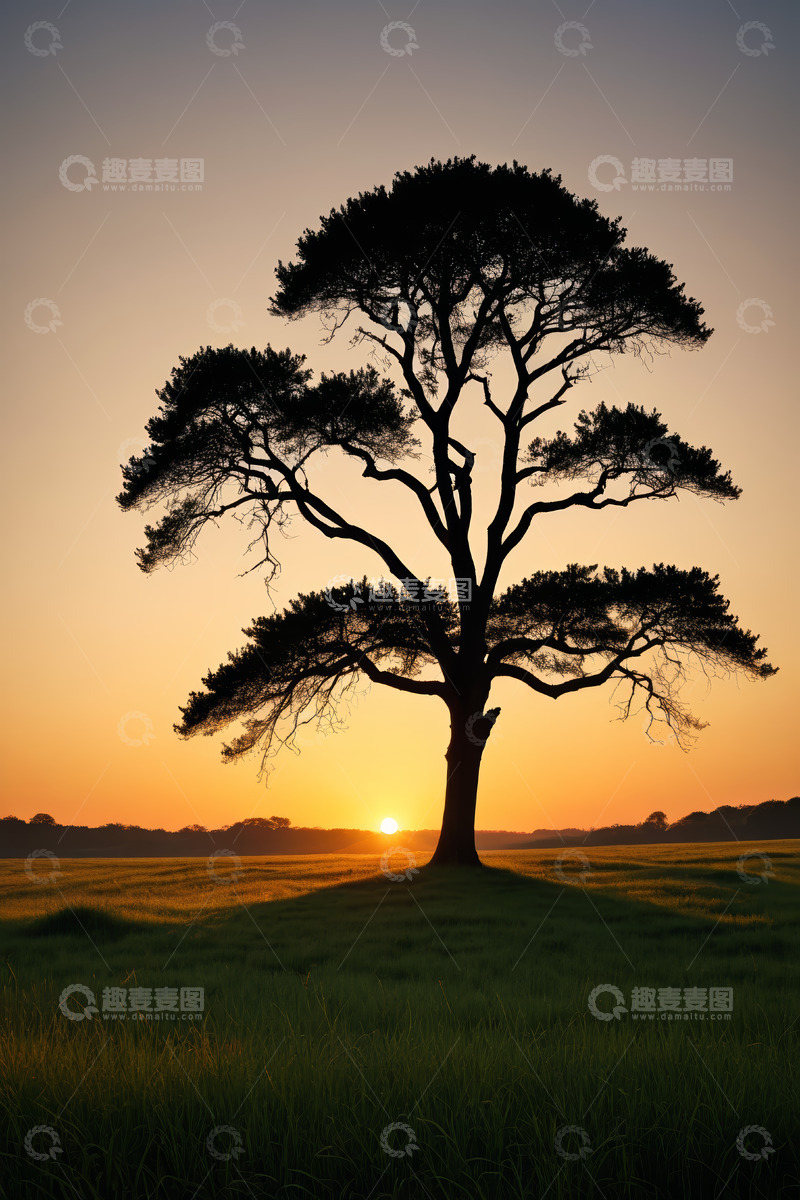 高清大图下载【趣麦麦图】田野中夕阳下的孤树