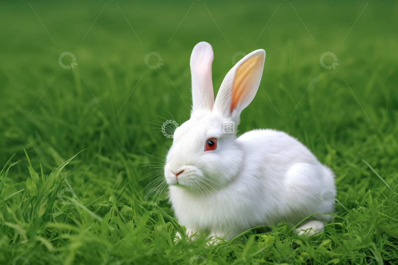 高清大图下载【趣麦麦图】草地上的白色兔子特写
