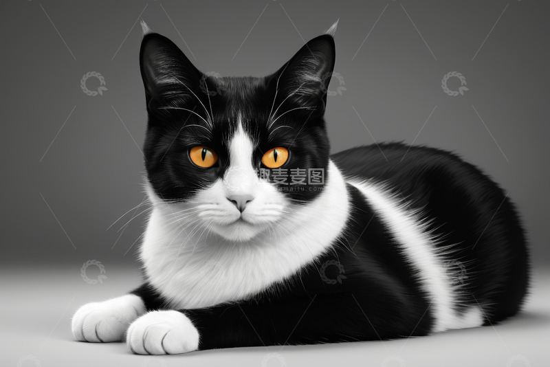 高清大图下载【趣麦麦图】黑白猫咪趴卧特写