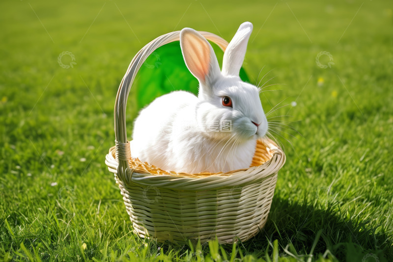 高清大图下载【趣麦麦图】草地上篮子里的白色兔子