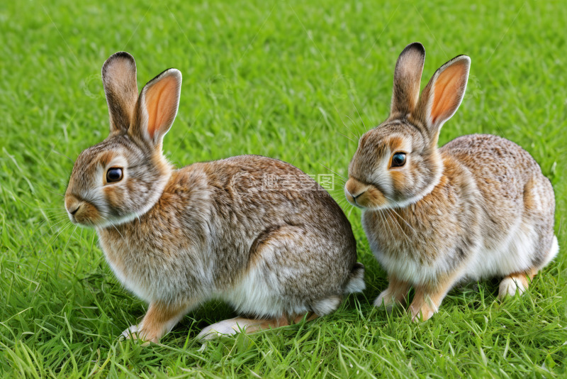 高清大图下载【趣麦麦图】草地上的两只兔子