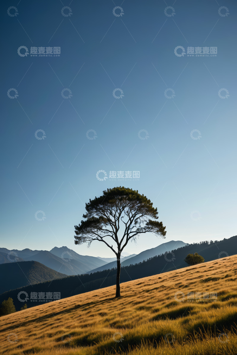 高清大图下载【趣麦麦图】草原上单棵树与远山风景