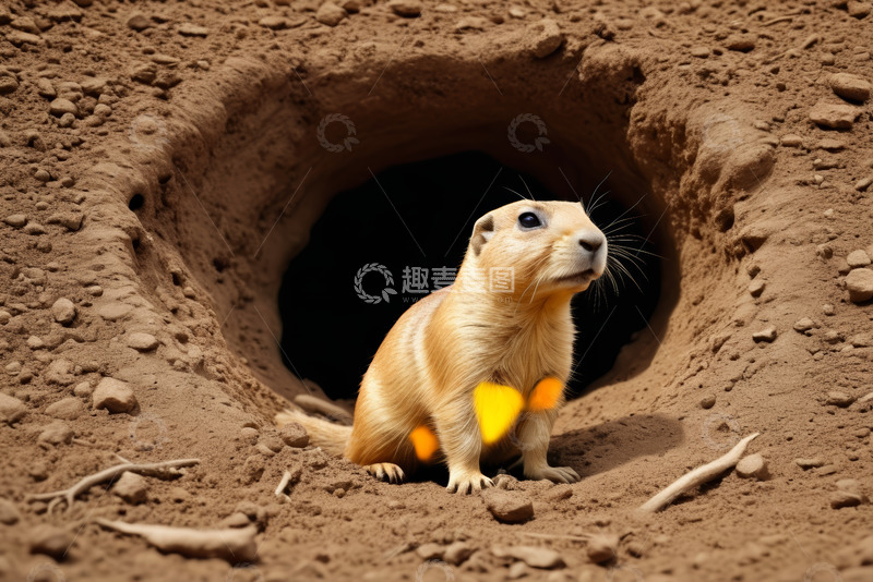 高清大图下载【趣麦麦图】土拨鼠于洞穴口蹲坐画面