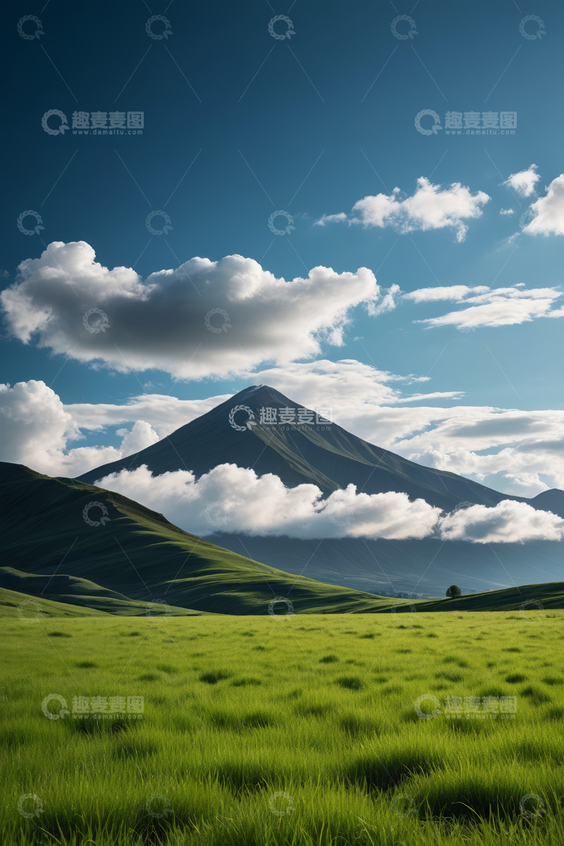 高清大图下载【趣麦麦图】蓝天白云下的高山草原景观