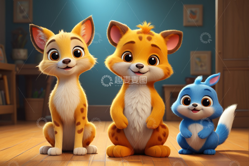 高清大图下载【趣麦麦图】三只卡通动物室内可爱坐姿