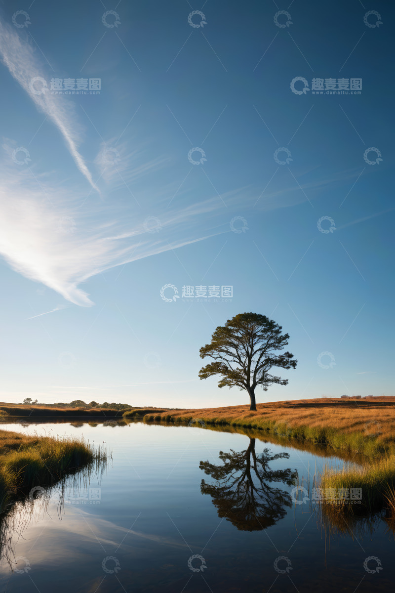 高清大图下载【趣麦麦图】湖畔孤树与蓝天倒影风景