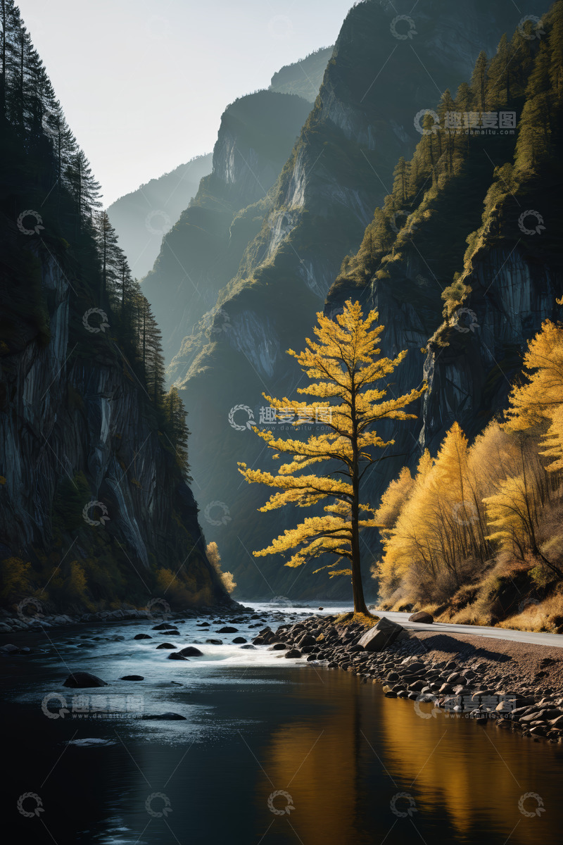 高清大图下载【趣麦麦图】山谷间河流旁的金黄树木景观