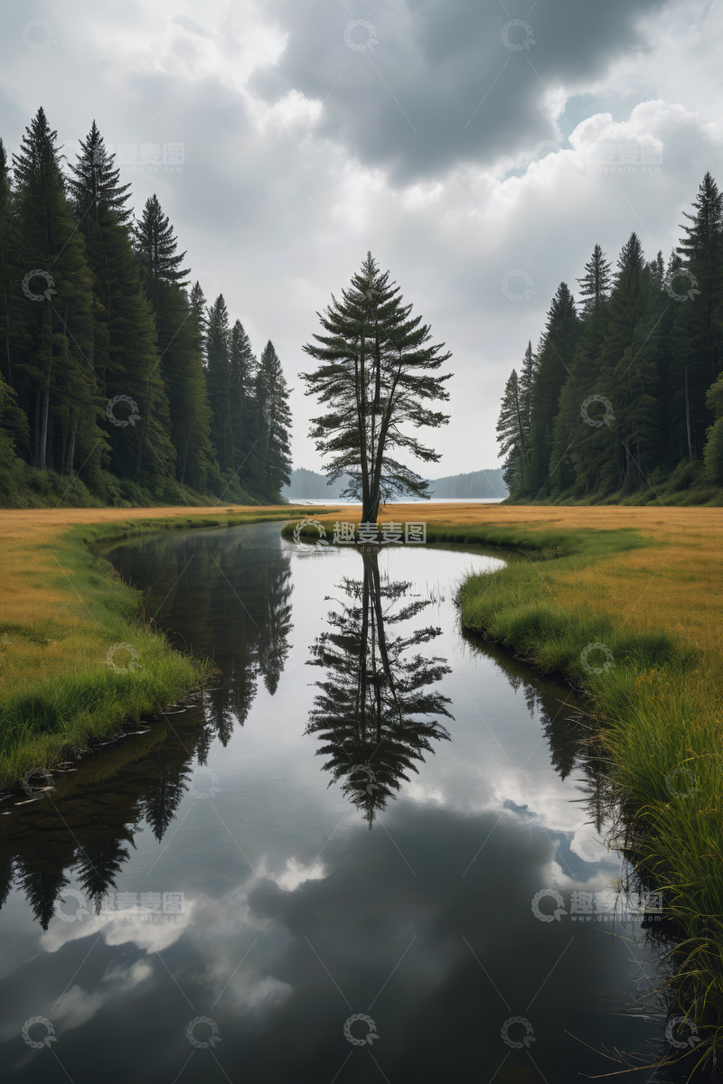 高清大图下载【趣麦麦图】森林边河流与孤树自然风光