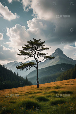 山间草地孤树风景