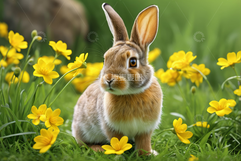 高清大图下载【趣麦麦图】草地上的兔子与黄色小花