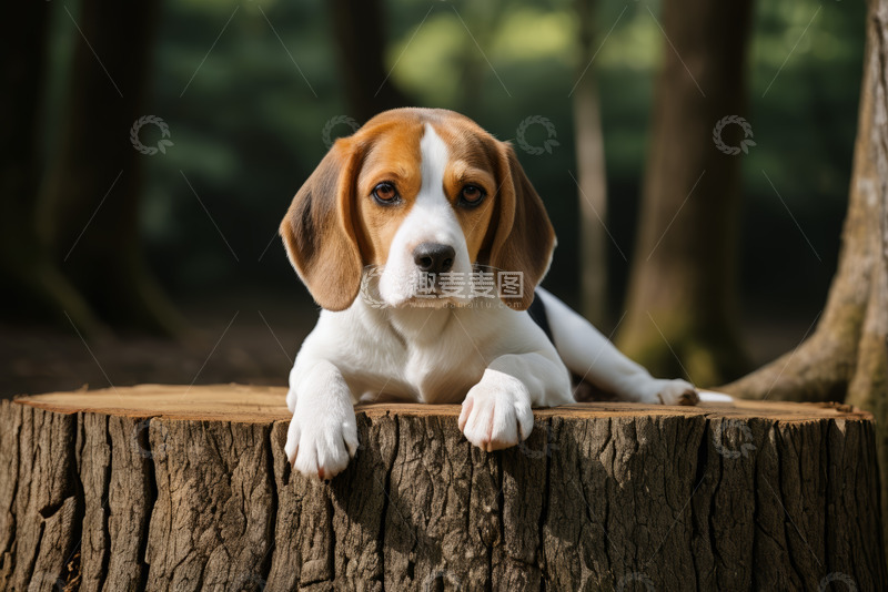 高清大图下载【趣麦麦图】树桩上趴着的比格犬