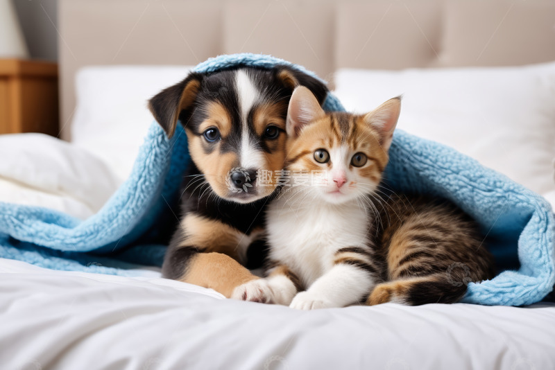 高清大图下载【趣麦麦图】小狗小猫依偎在蓝色毯子下