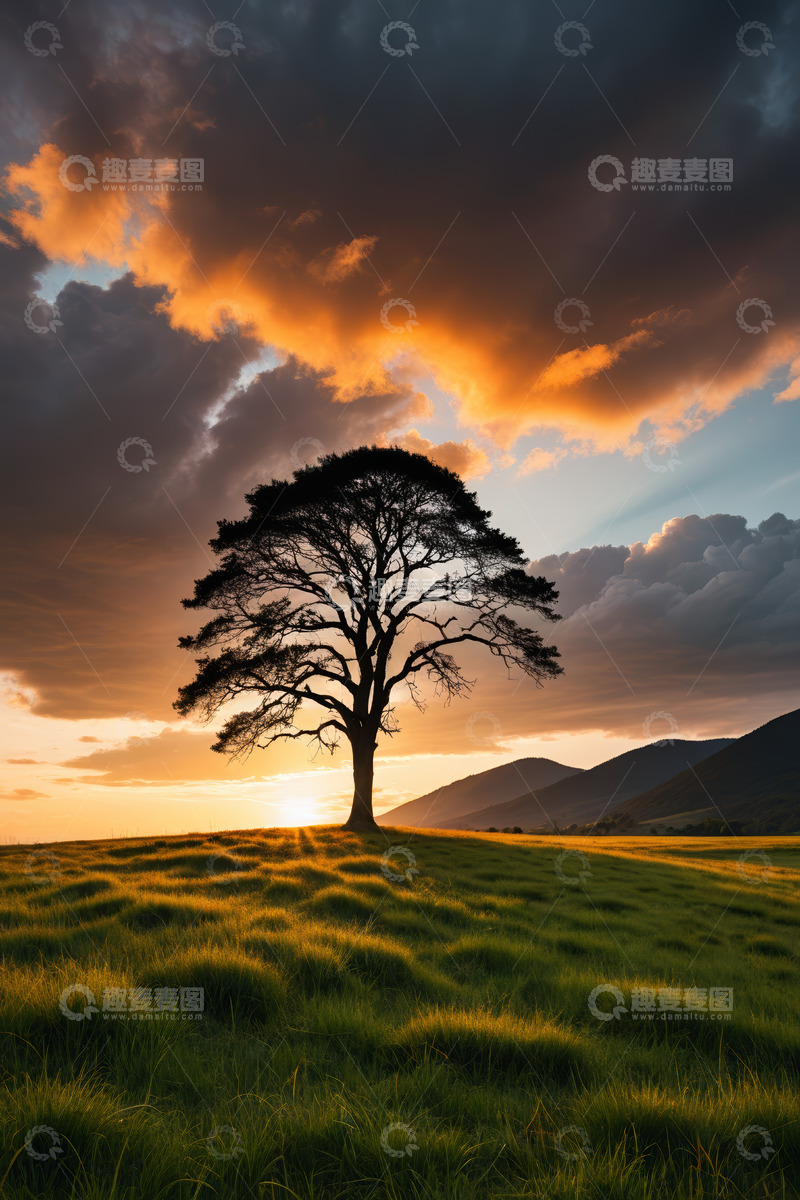 高清大图下载【趣麦麦图】原野上夕阳下的孤独大树