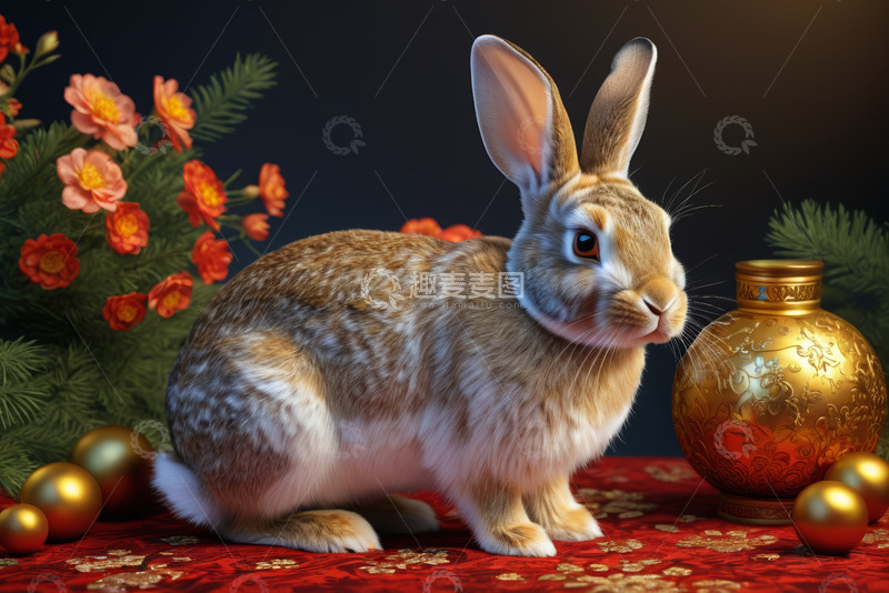 高清大图下载【趣麦麦图】金饰花瓶旁的可爱兔子