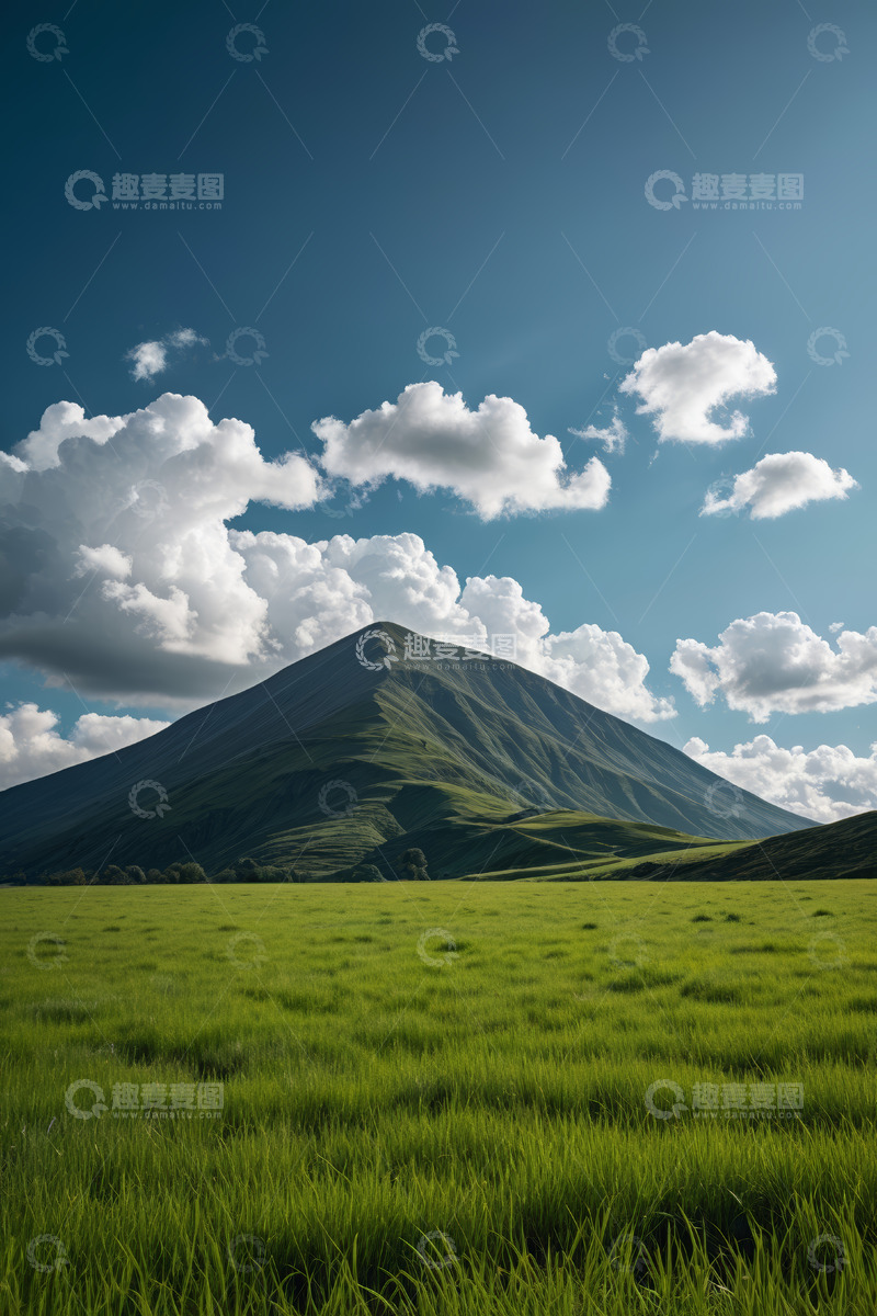 高清大图下载【趣麦麦图】蓝天白云下的草原与远山