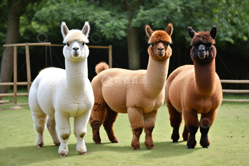高清大图下载【趣麦麦图】草地上站立的三只羊驼