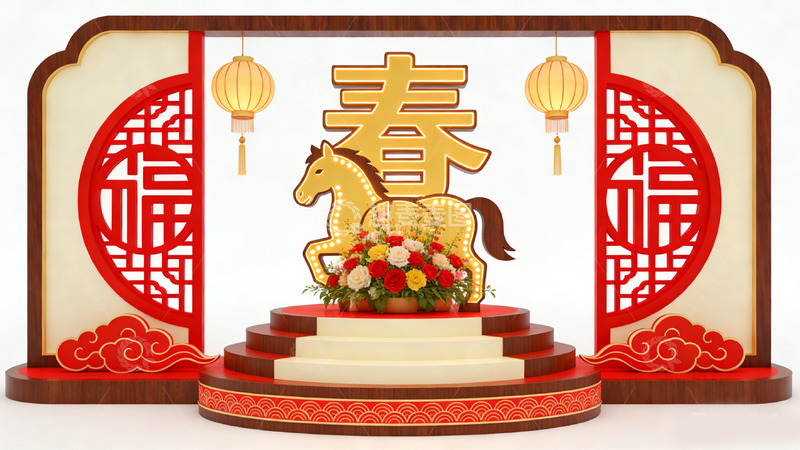 高清大图下载【趣麦麦图】春节庆典骏马鲜花装饰场景