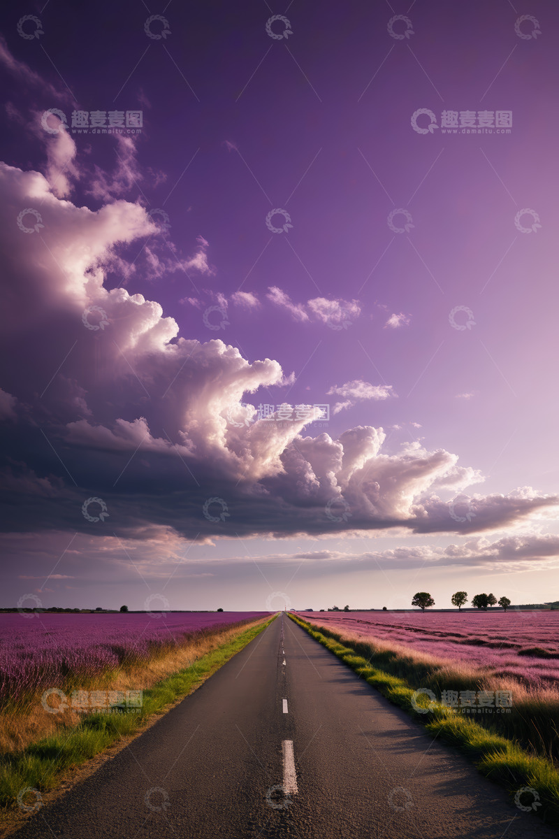 高清大图下载【趣麦麦图】紫色薰衣草田野中的公路