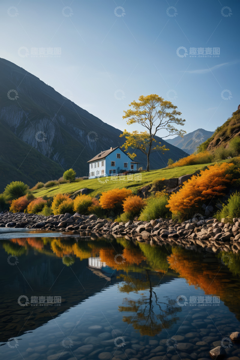 高清大图下载【趣麦麦图】山间湖畔蓝屋自然风光