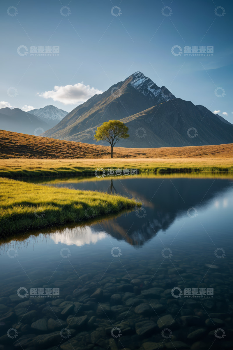 高清大图下载【趣麦麦图】湖泊旁雪山与孤树自然景观
