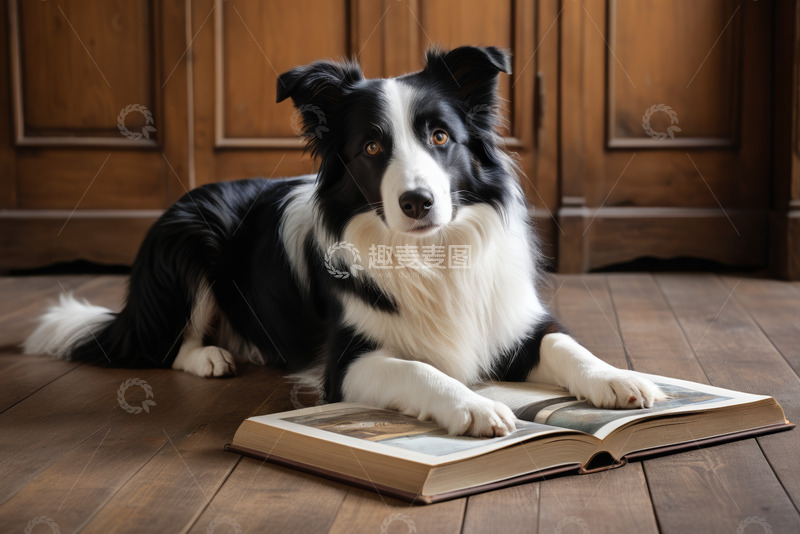高清大图下载【趣麦麦图】黑白边牧趴在翻开的书本上
