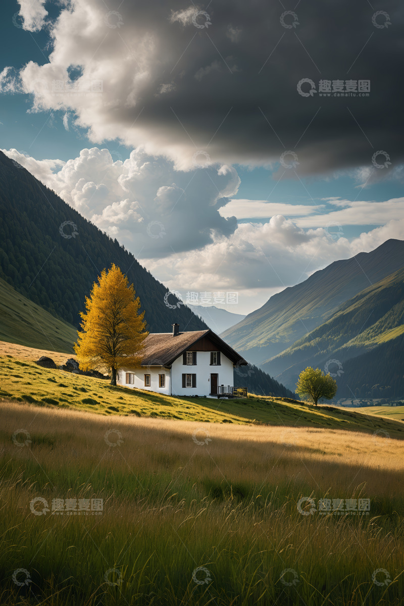 高清大图下载【趣麦麦图】山间草地的独栋小屋风景