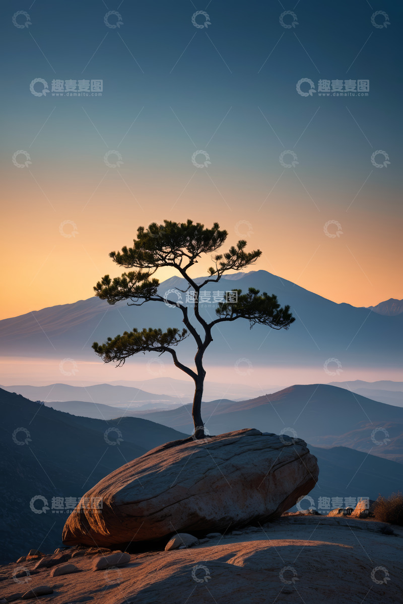 高清大图下载【趣麦麦图】山顶岩石上的松树与远山风景