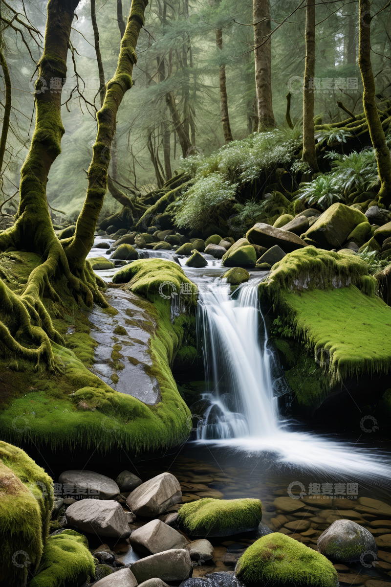 高清大图下载【趣麦麦图】森林中小溪与苔藓覆盖的岩石