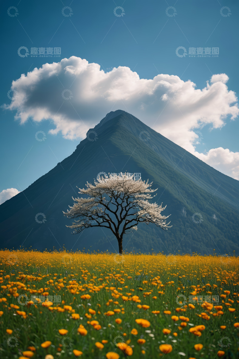 高清大图下载【趣麦麦图】山间花田中的开花树木风景