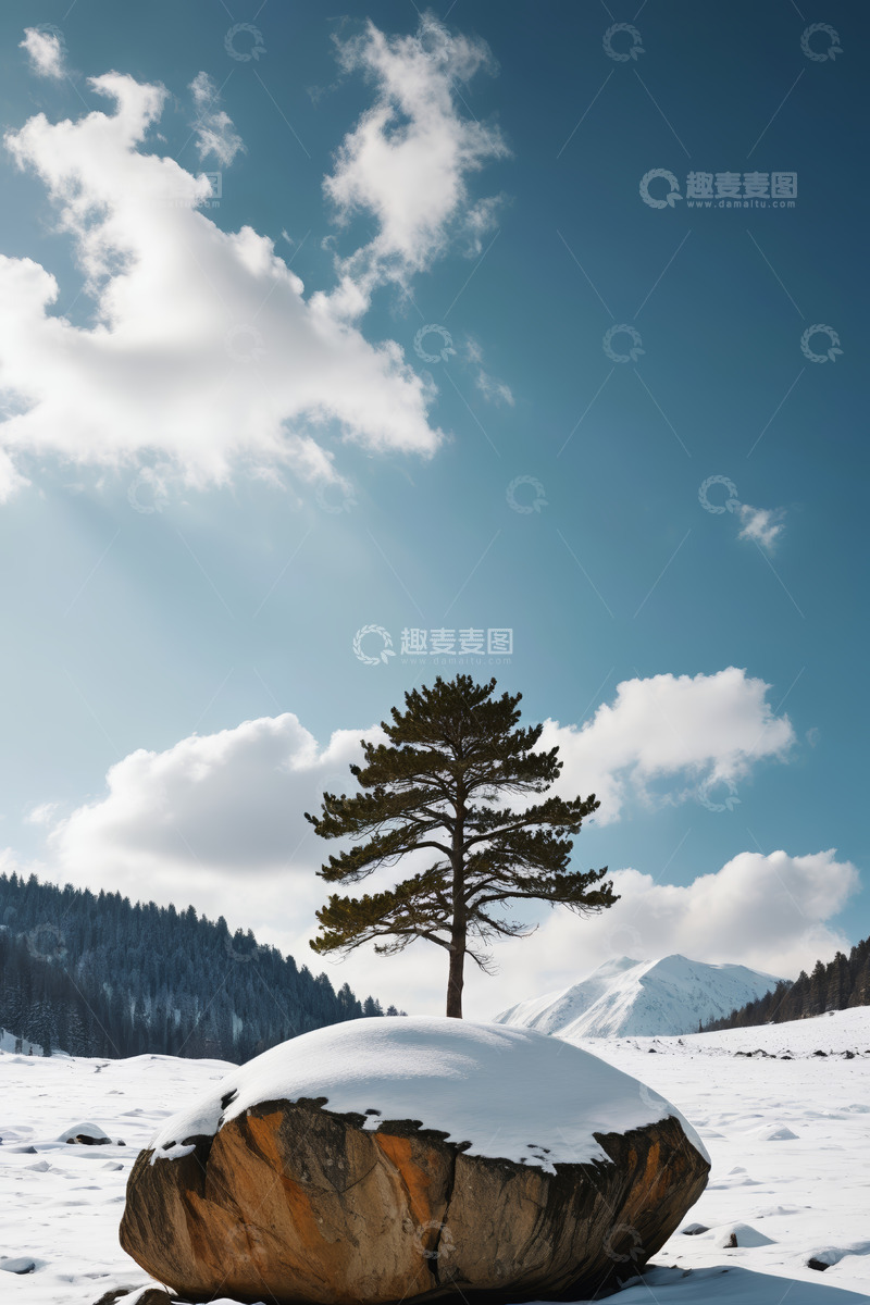 高清大图下载【趣麦麦图】雪中山地孤松雪景