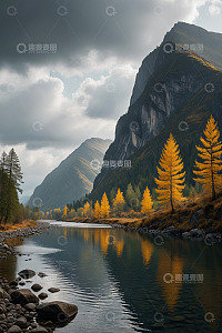 山间河流旁的金黄树木景观
